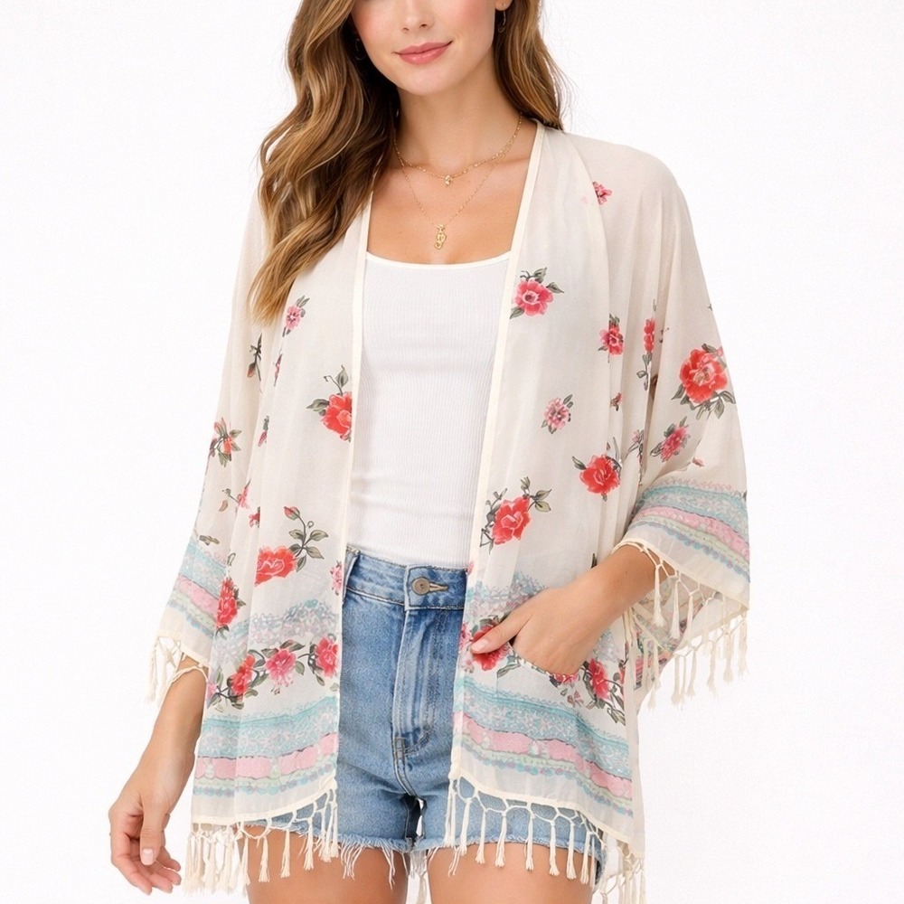 Silk Blend Sheer Floral Kimono Cardigan Boho Fringe‎ Ivory Beach XS S - Picture 2 of 9
